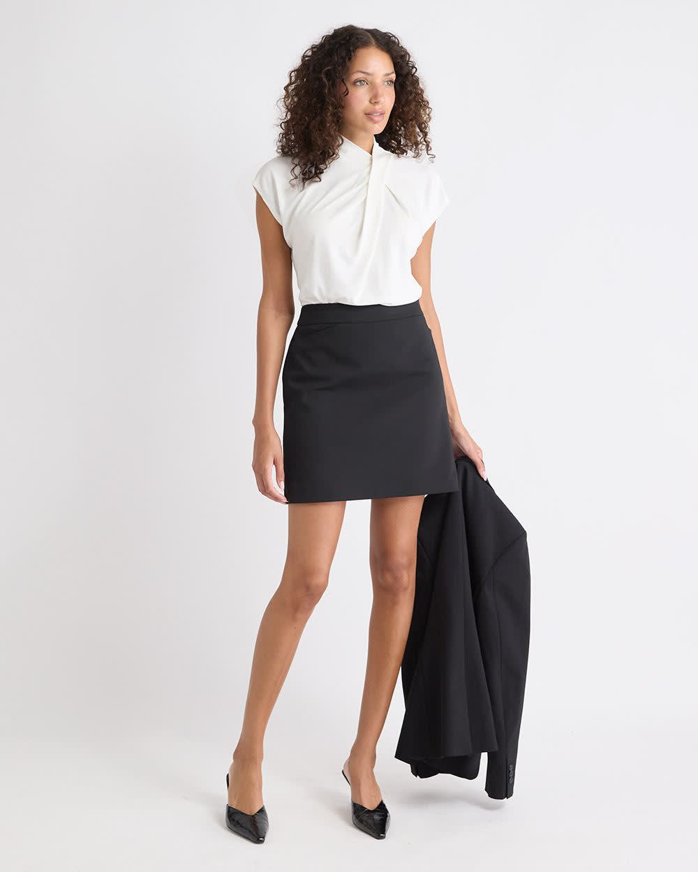 Extended-Sleeve Top with Crossover Draped Mock Neckline