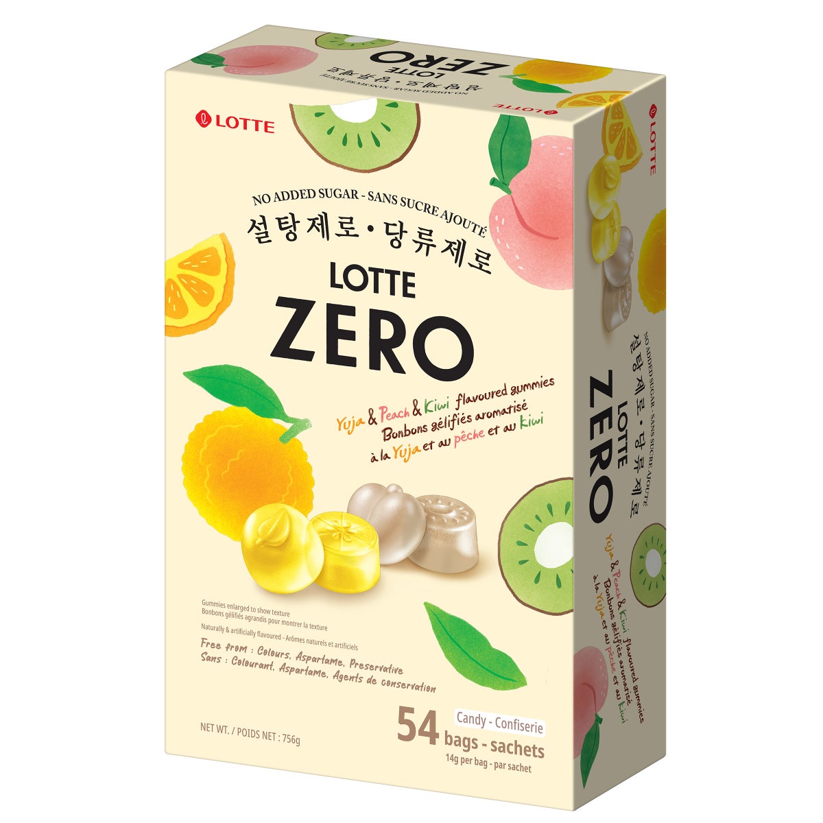 Lotte Zero Peach, Yuzu and Kiwi Flavoured Gummies, 54 × 14 g