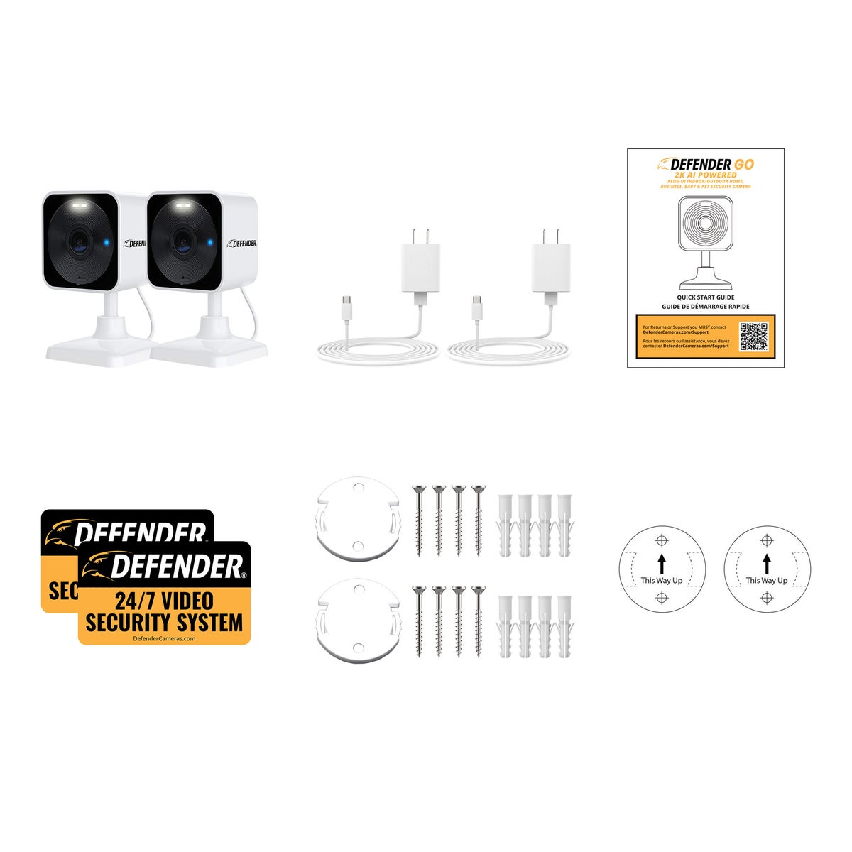 Defender GO 2K AI Powered Plug-in Indoor/Outdoor Wi-Fi Security Cameras, 2 pack
