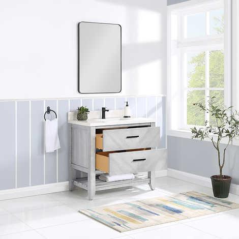 Northridge Home Chevron Single Vanity With Carrara Quartz Countertop, 36 in.