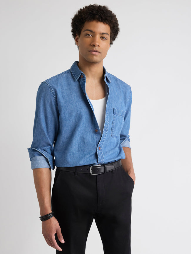 Long-Sleeve Denim Shirt with Chest Pocket