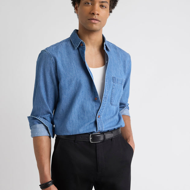 Long-Sleeve Denim Shirt with Chest Pocket