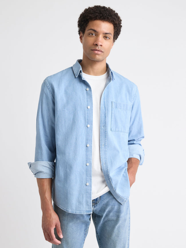 Long-Sleeve Denim Shirt with Chest Pocket