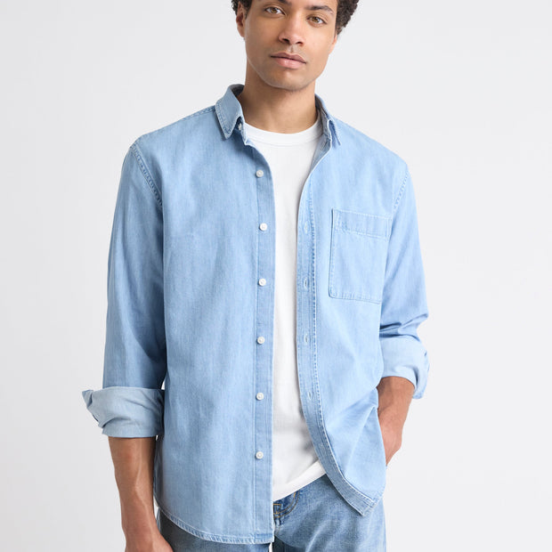 Long-Sleeve Denim Shirt with Chest Pocket