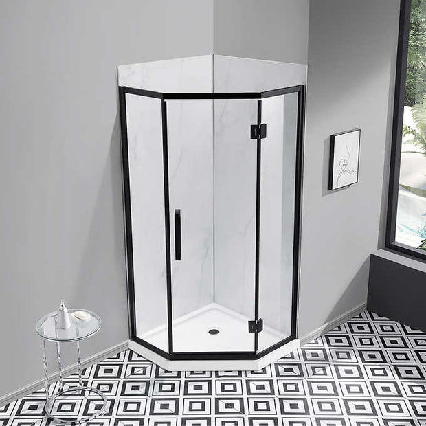 OVE Nicole Lux Neo-Angle Corner Shower Kit with Carrara Wall Finish