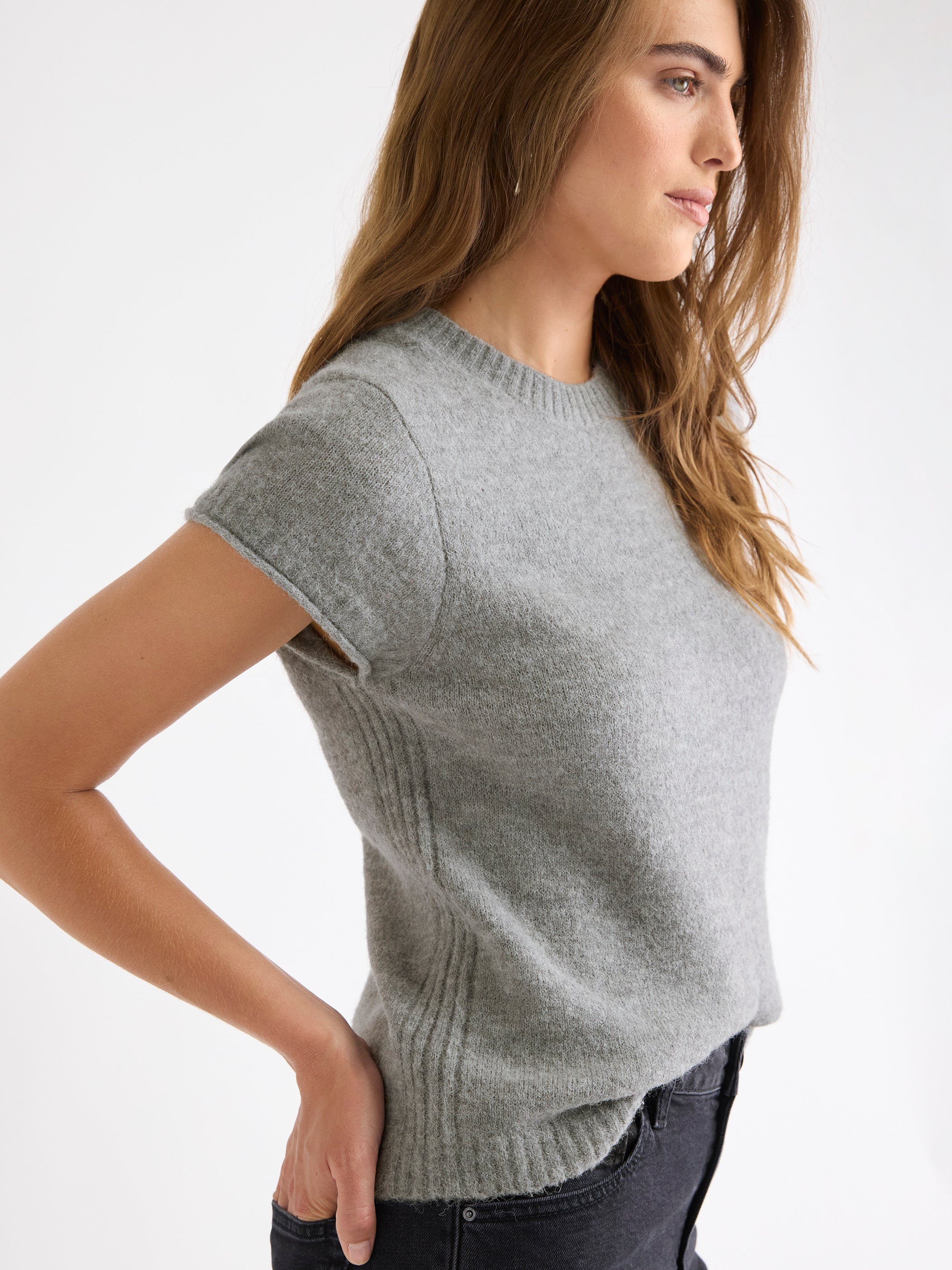 Wool-Blend Cap-Sleeve Crew-Neck Boxy Sweater