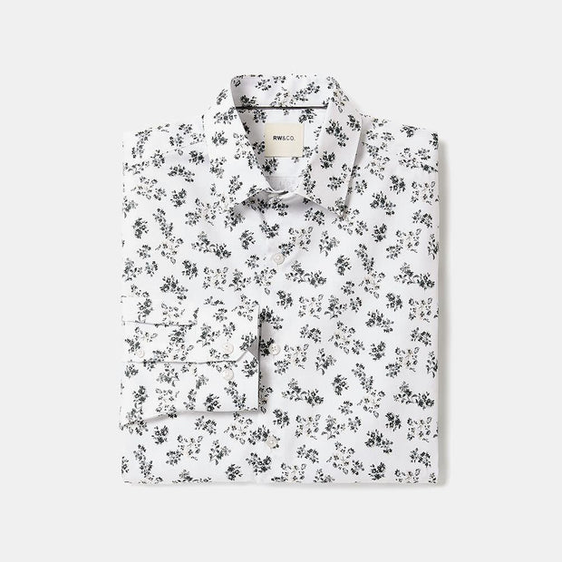 White Tailored-Fit Dress Shirt with Floral Pattern
