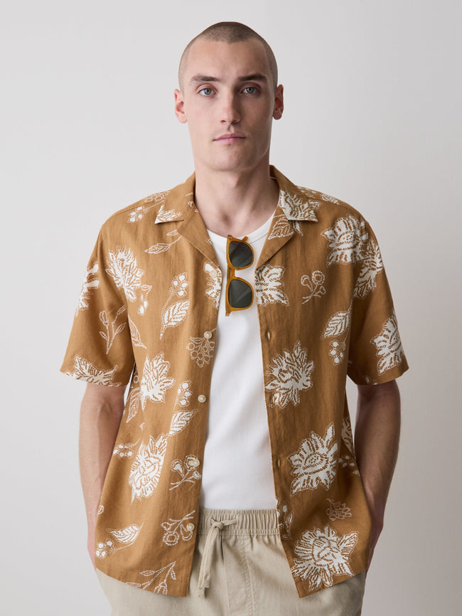 Linen-Blend Short-Sleeve Shirt with Print