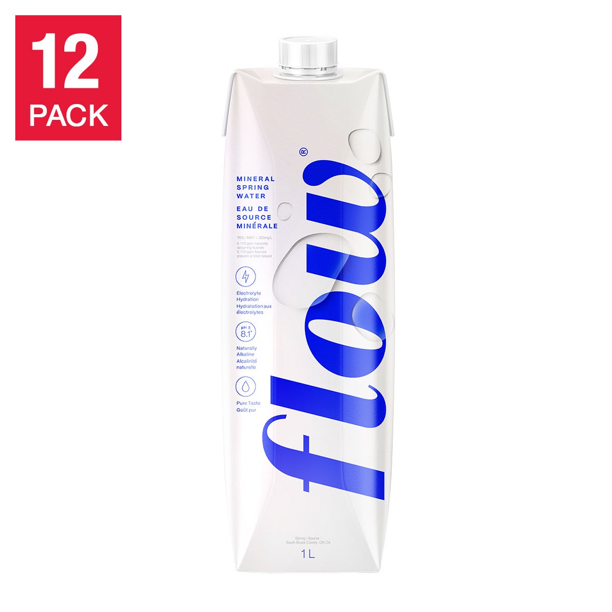 Flow Naturally Alkaline Original Spring Water, 12 x 1 L