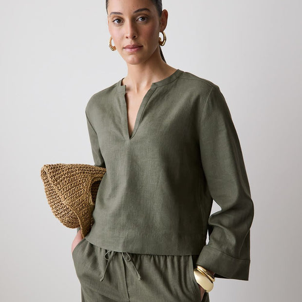 Linen Long-Sleeve Popover Blouse