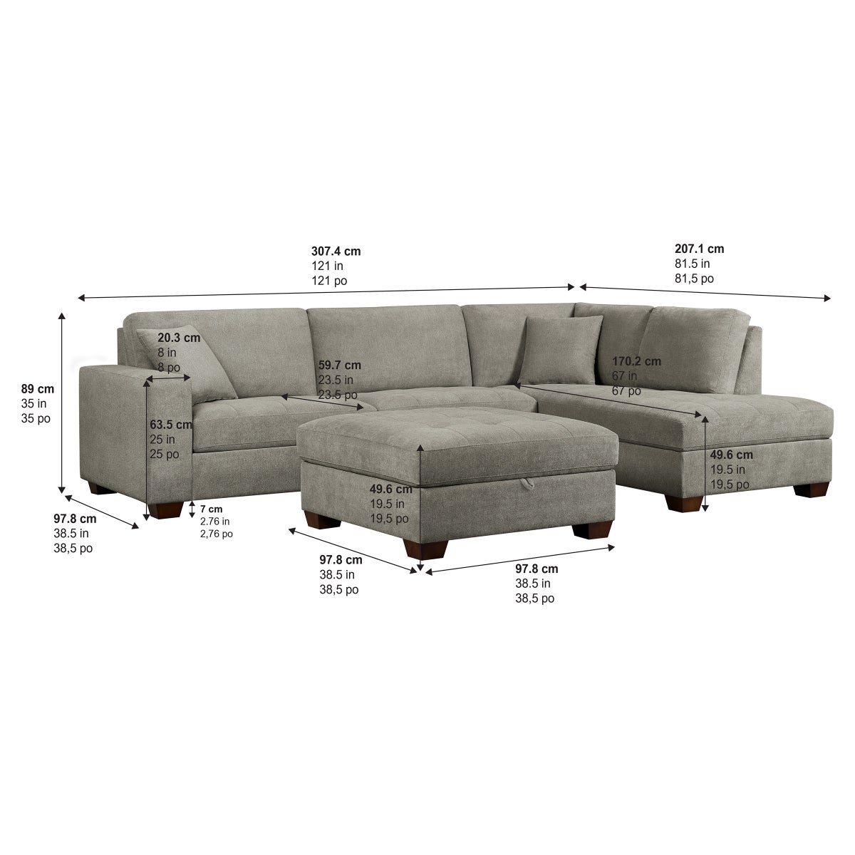 Thomasville Miles Right-hand Facing 3-piece Fabric Sectional with Storage Ottoman