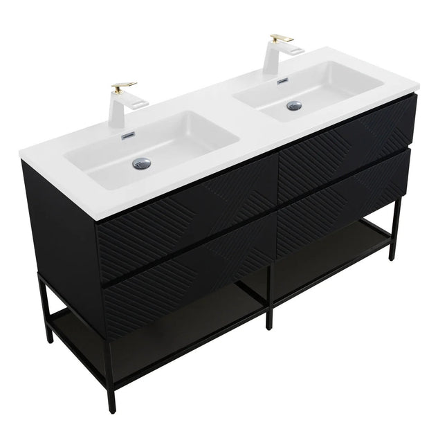 SERA MOORE 60 in. Black Freestanding Vanity Engineered Quartz Countertop