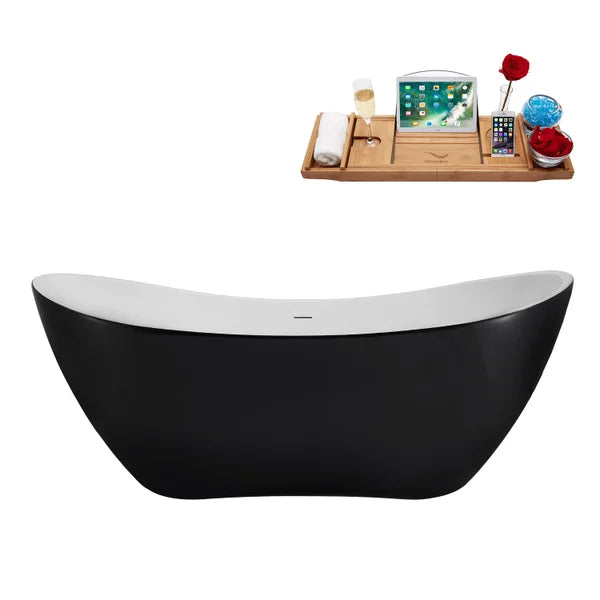 Streamline 71 in. Freestanding Bathtub with Expandable Bamboo Bathtub Caddy