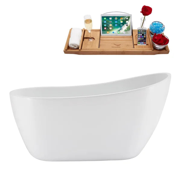 Streamline 55 in. Freestanding Bathtub with Expandable Bamboo Bathtub Caddy