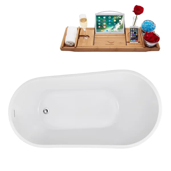 Streamline 55 in. Freestanding Bathtub with Expandable Bamboo Bathtub Caddy