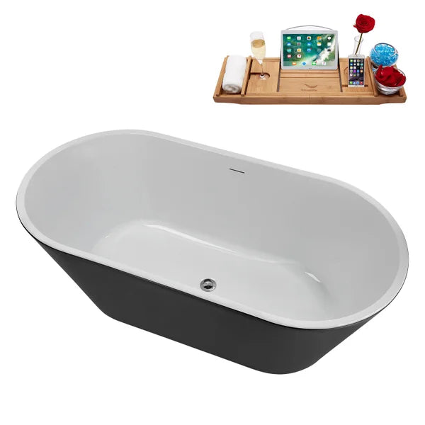 Streamline 59 in. Freestanding Bathtub with Expandable Bamboo Bathtub Caddy