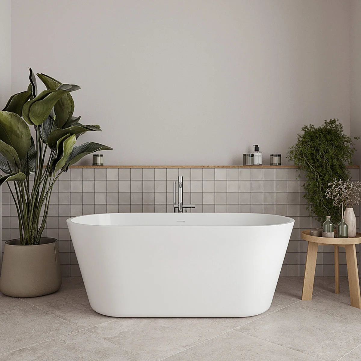 Streamline 59 in. Freestanding Bathtub with Expandable Bamboo Bathtub Caddy