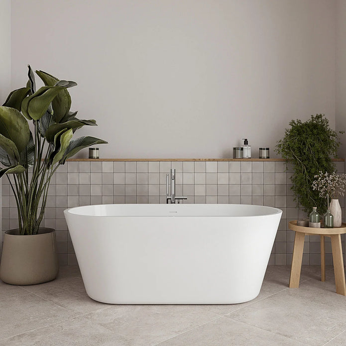 Streamline 59 in. Freestanding Bathtub with Expandable Bamboo Bathtub Caddy