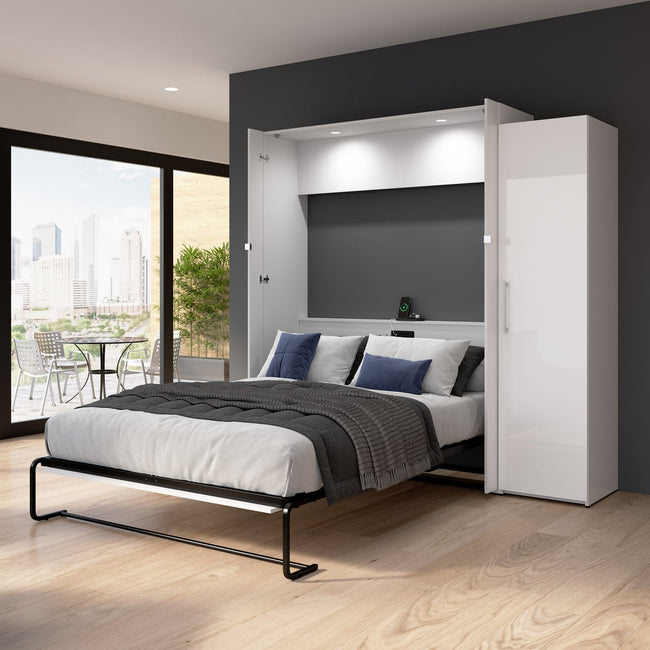 Bestar Avalon Queen Wall Bed with one storage closet, High Gloss White