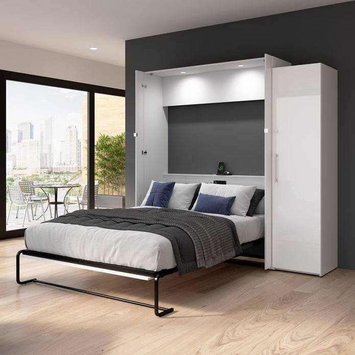 Bestar Avalon Queen Wall Bed with one storage closet, High Gloss White