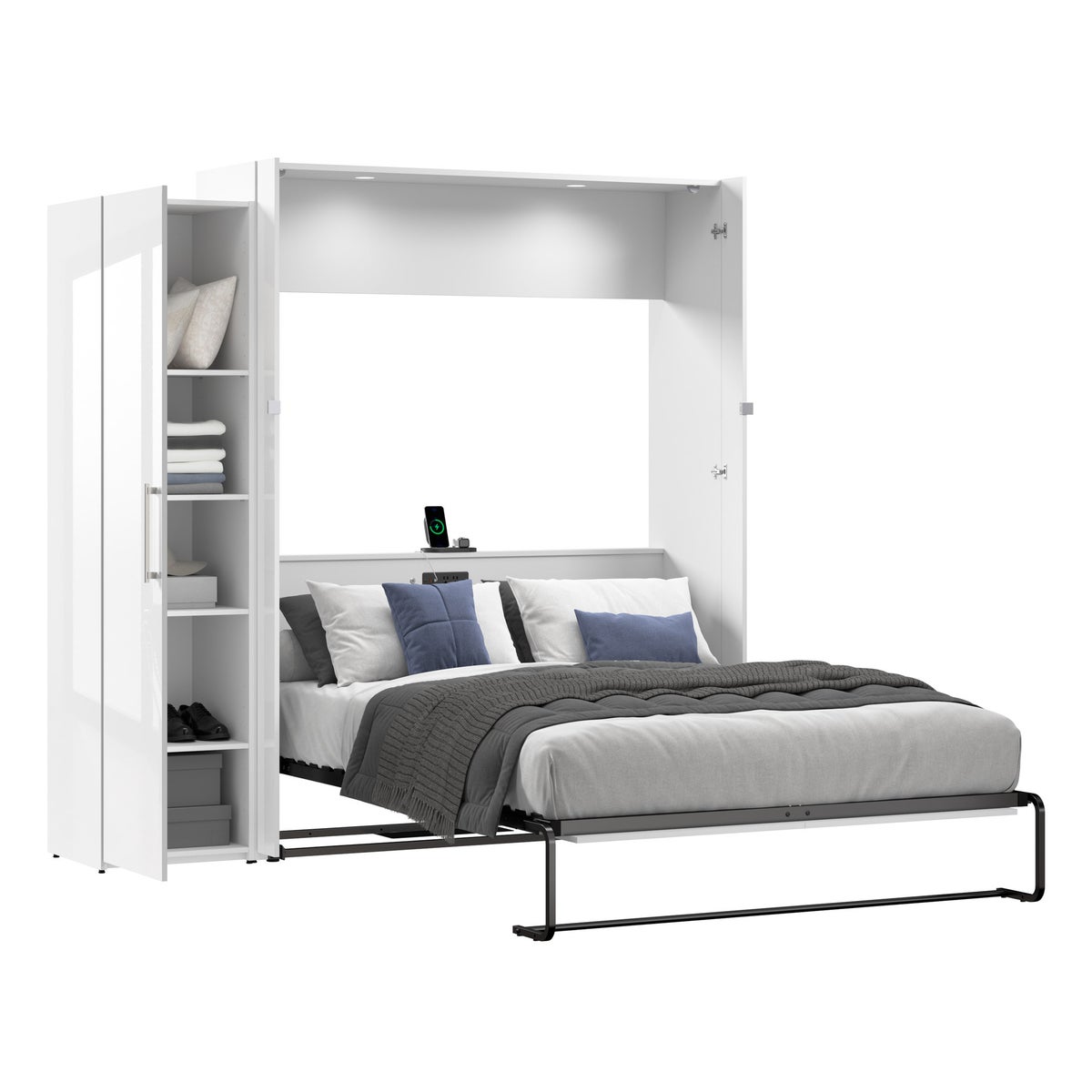 Bestar Avalon Queen Wall Bed with one storage closet, High Gloss White
