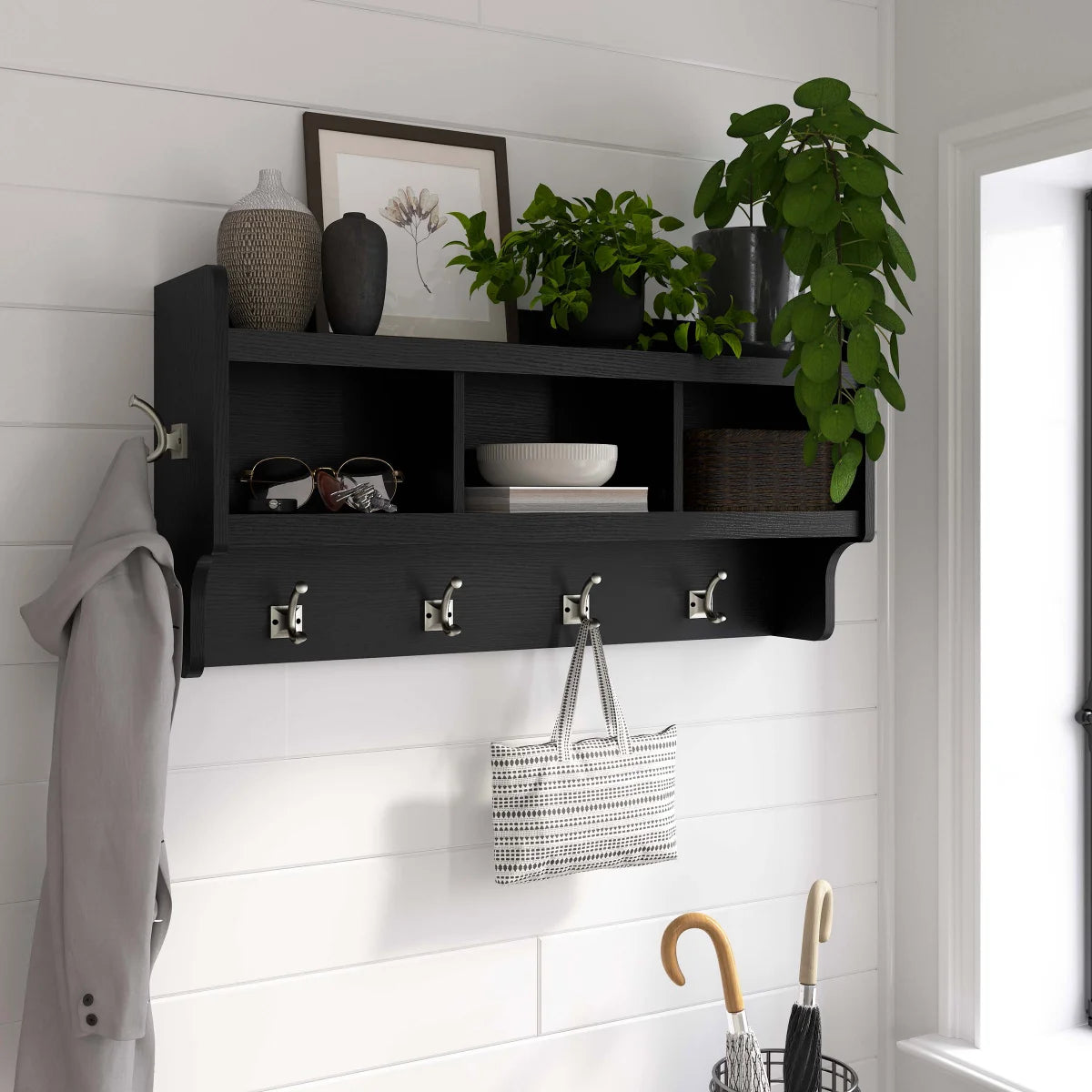 Bush Furniture Woodland Wall Mounted Coat Rack with Shelf