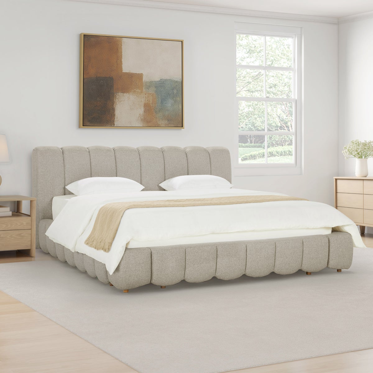 Aiden & Ivy Cloud Polyester Fabric Upholstered Bed, Cream