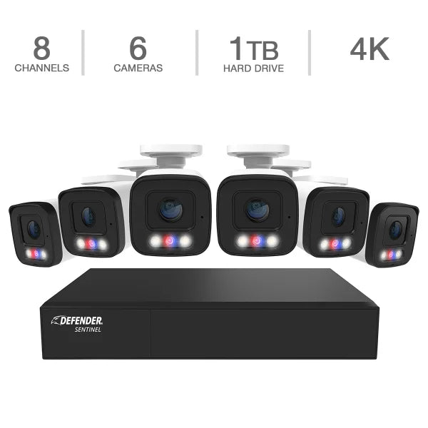 Defender AI POWERED Sentinel 4K Ultra HD Wired 8 Channel PoE NVR Security System with 6 Metal Cameras with 1 TB HDD