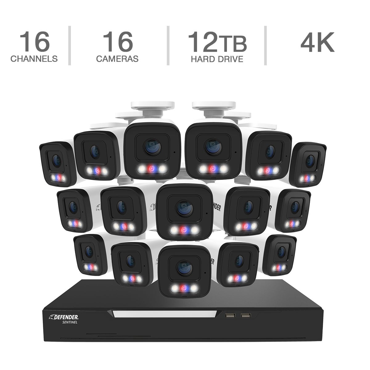 Defender AI POWERED Sentinel 4K Ultra HD Wired 16 Channel PoE NVR Security System with 16 Metal Cameras with 12 TB HDD