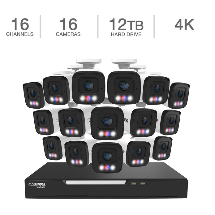 Defender AI POWERED Sentinel 4K Ultra HD Wired 16 Channel PoE NVR Security System with 16 Metal Cameras with 12 TB HDD