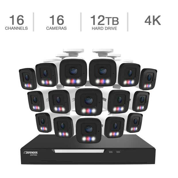 Defender AI POWERED Sentinel 4K Ultra HD Wired 16 Channel PoE NVR Security System with 16 Metal Cameras with 12 TB HDD