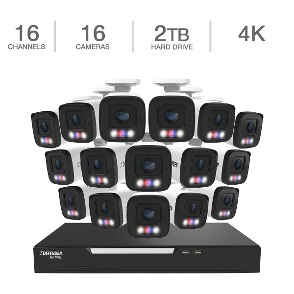 Defender AI POWERED Sentinel 4K Ultra HD Wired 16 Channel PoE NVR Security System with 16 Metal Cameras with 2 TB HDD