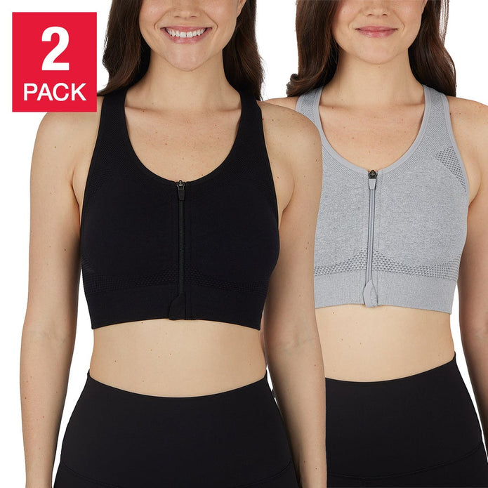 Reflex Women's Seamless Front Zip Sports Bra, 2-pack - Black