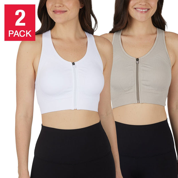 Reflex Women's Seamless Front Zip Sports Bra, 2-pack - White