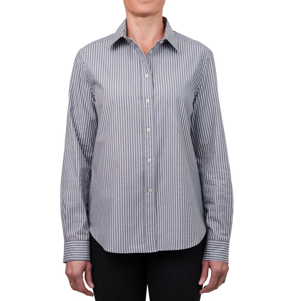 United Colors of Benetton Women’s Supima Cotton Stripe Woven Shirt - Dark Grey