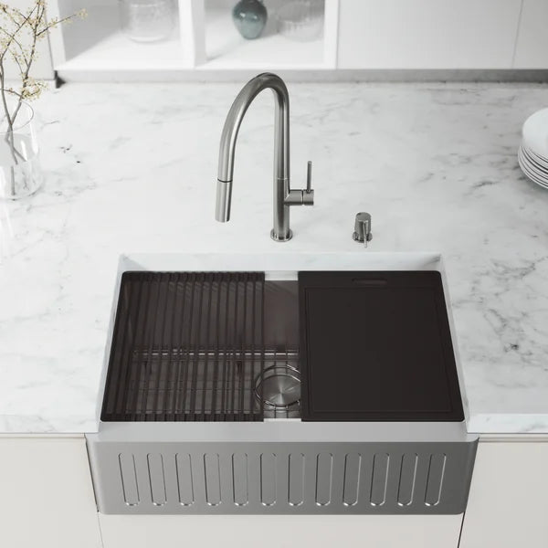 VIGO Oxford Stainless Steel Slotted Front Farmhouse Kitchen Sink Workstation