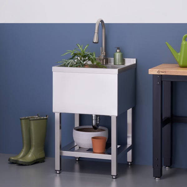 TRINITY Stainless Steel Utility Sink with Shelf and Pullout Faucet