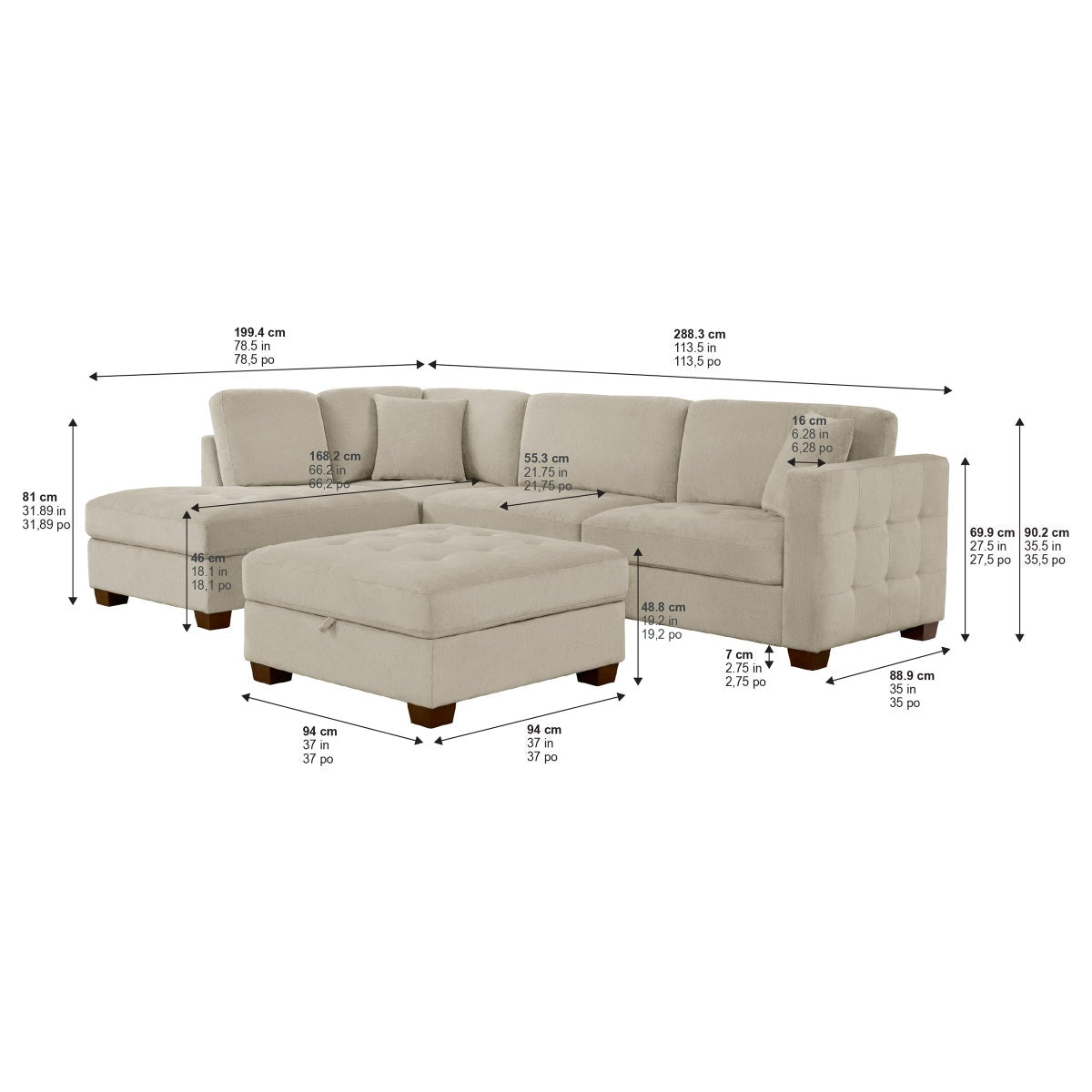Thomasville Left-hand Facing Fabric Sectional with Storage Ottoman