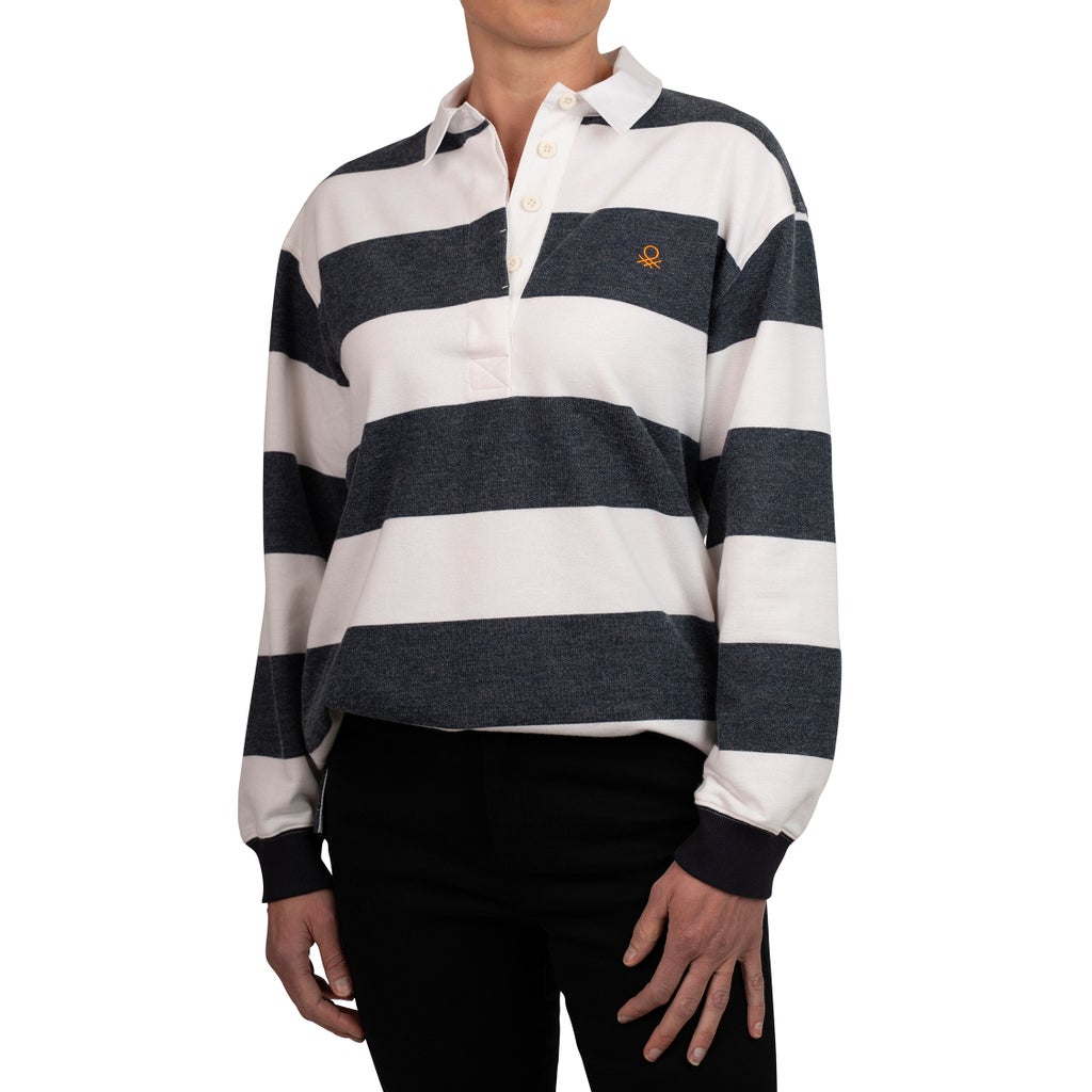 United Colors of Benetton Women’s Long Sleeve Rugby Stripe Polo - Navy