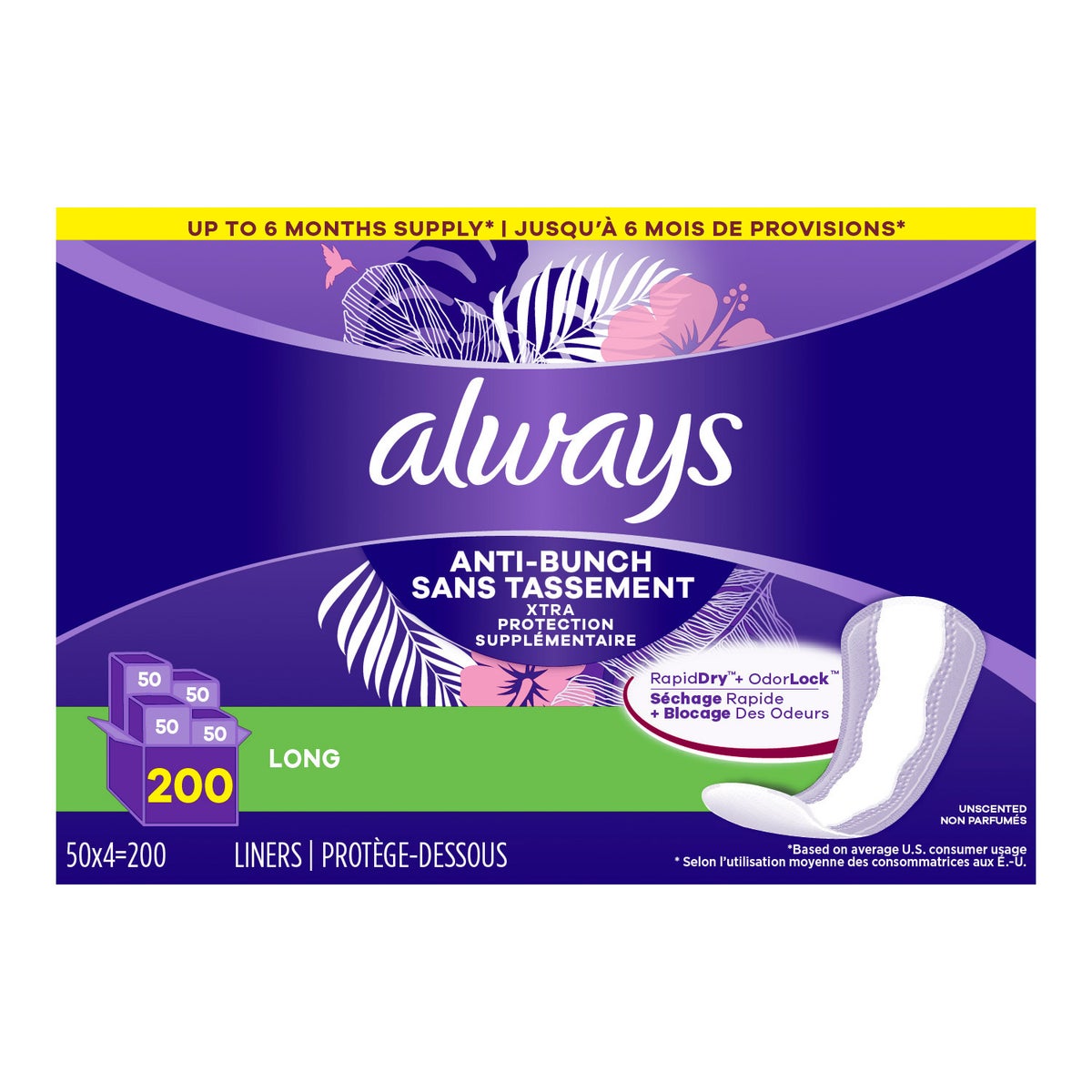 Always Anti-Bunch Xtra Protection Daily Liners Long, 200-count