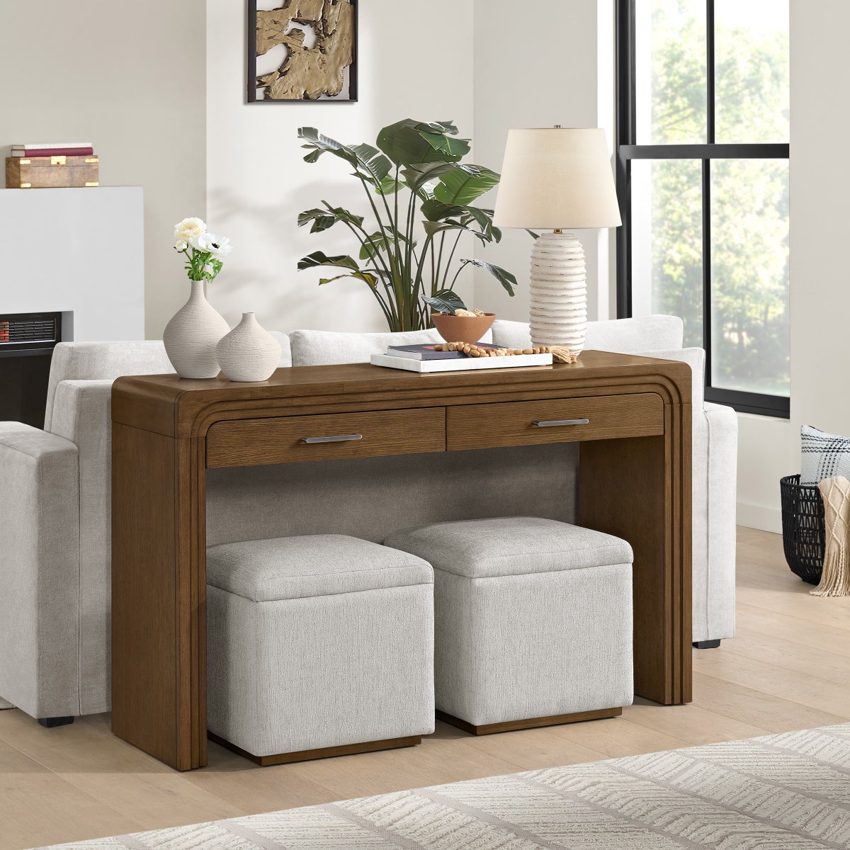 Mulberry Console Table with 2 Storage Ottomans