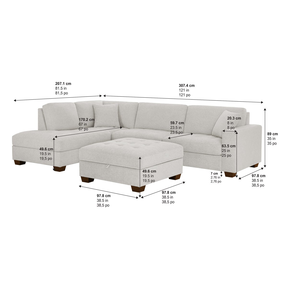 Thomasville Miles Left-hand Facing 3-piece Fabric Sectional with Storage Ottoman