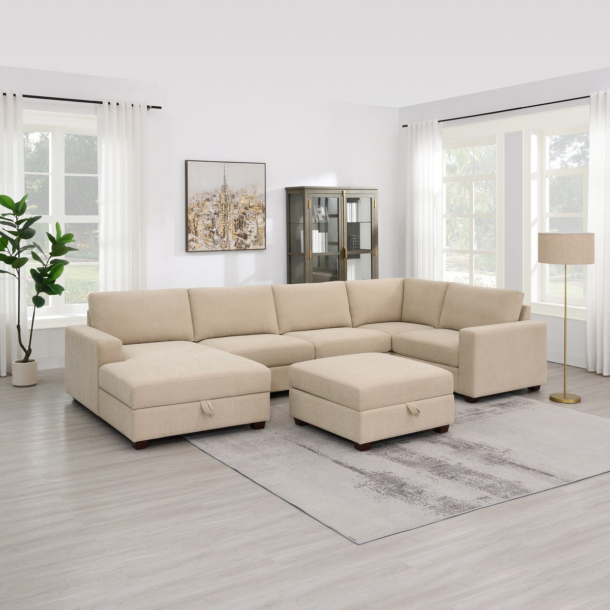 Dellamore 5-piece Fabric Sectional with Storage Ottoman