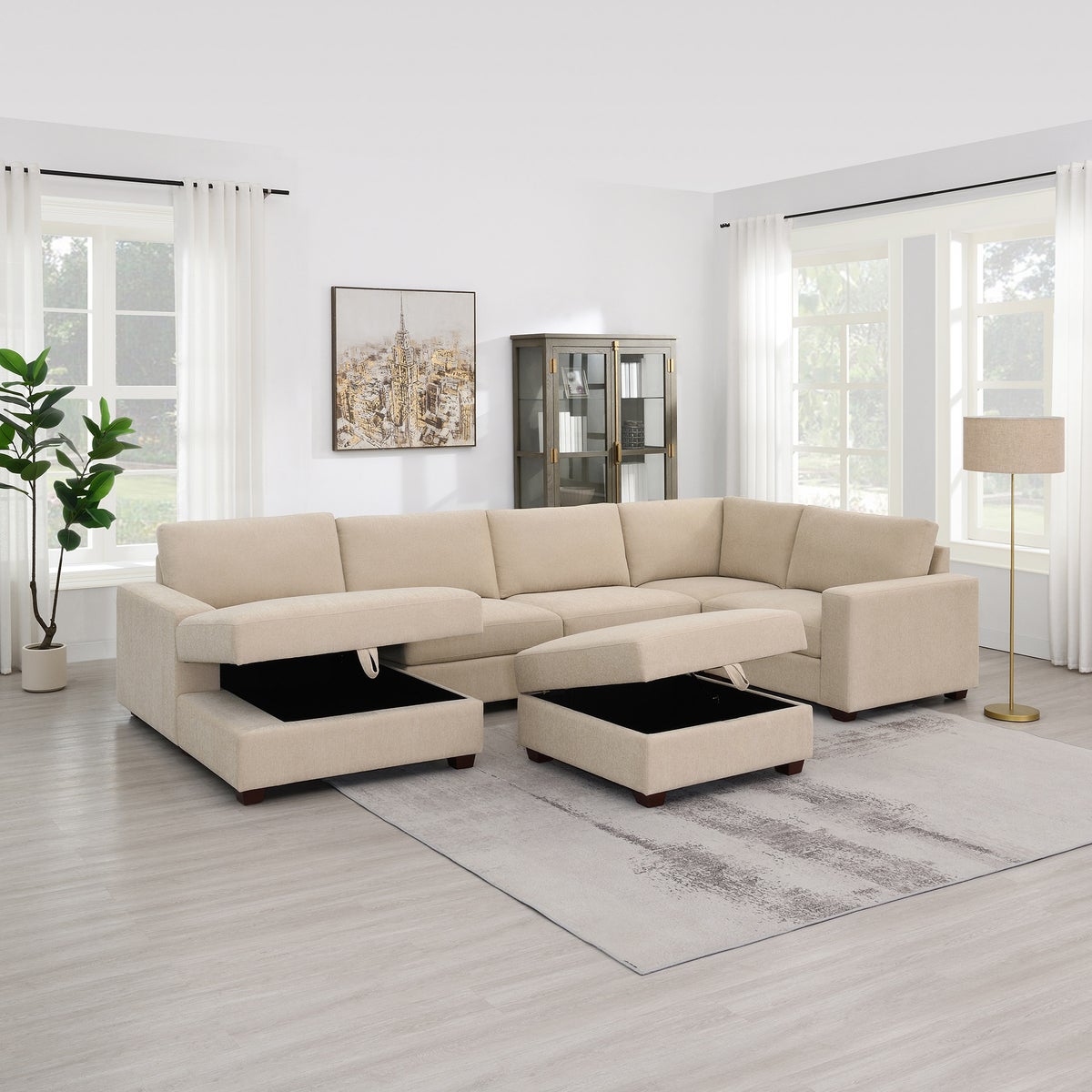Dellamore 5-piece Fabric Sectional with Storage Ottoman