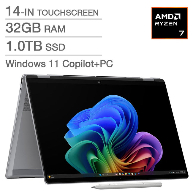 HP OmniBook X Flip Copilot+ PC 14-in. OLED Touchscreen Laptop, AMD Ryzen AI 7 350, 32GB RAM, 1TB SSD