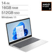HP 14 in. Laptop, AMD Ryzen 7 7730U – 16GB RAM, 512GB SSD