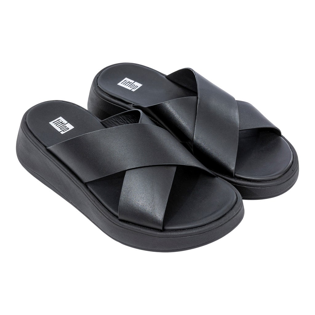 FitFlop Women's F-MODE Leather Flatform Cross Slides - Black