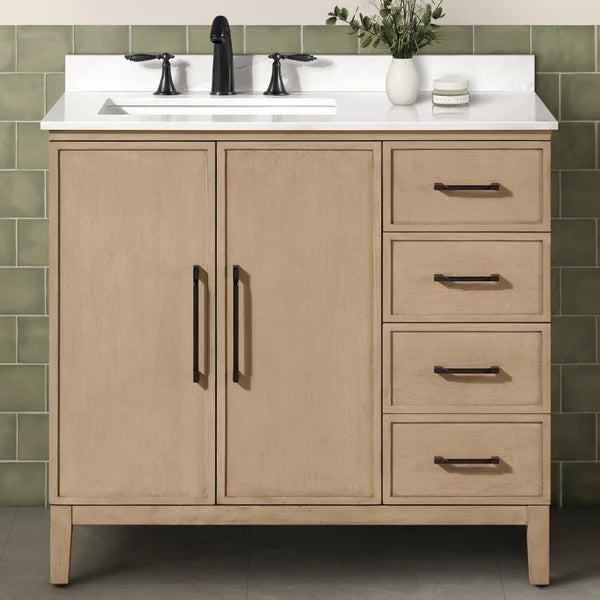 OVE Decors Codey Vanity in Sahara Birch Finish with Calacatta Quartz Countertop