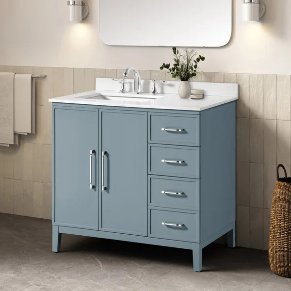 OVE Decors Codey Vanity in Blue Finish with Calacatta Quartz Countertop