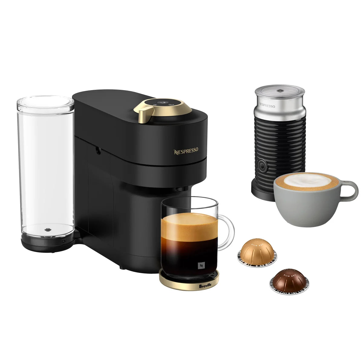 Nespresso Vertuo Pop+ Deluxe Coffee and Espresso Machine by Breville with Aeroccino, Matte Black and Gold